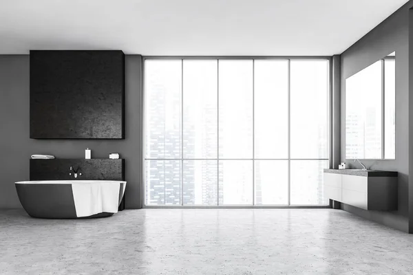 灰色的水池和浴室 浴室里的大镜子 城市里的观景和模仿的复制空间 外面的摩天大楼 深色灰色浴室 有正方形镜子和大理石地板 没有人3D渲染 — 图库照片