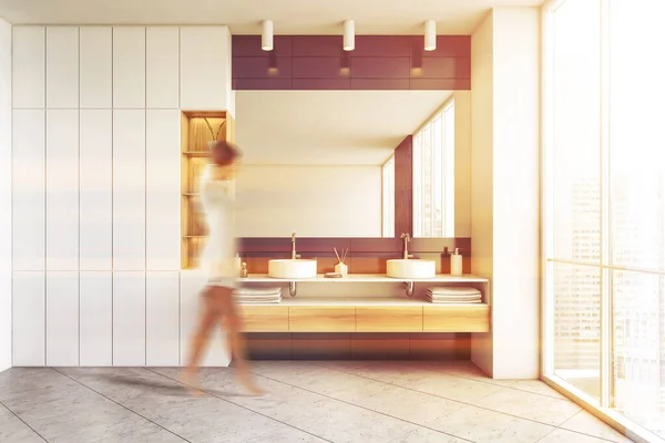 Blurry Young Woman Walking Modern Bathroom White Black Walls Concrete — Zdjęcie stockowe