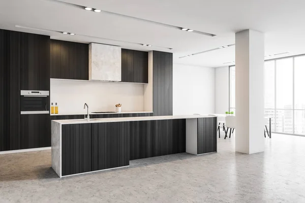 Minimalist black kitchen set in new modern apartment, open space kitchen on grey marble floor in flat. Kitchen table with sink in open space room, 3D rendering no people