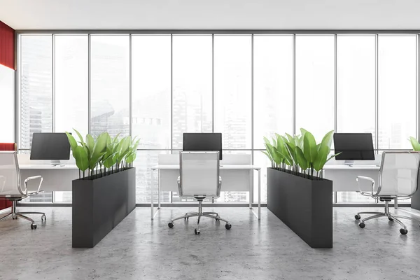 Interior Modern Open Space Office White Red Walls Concrete Floor — Stock Photo, Image