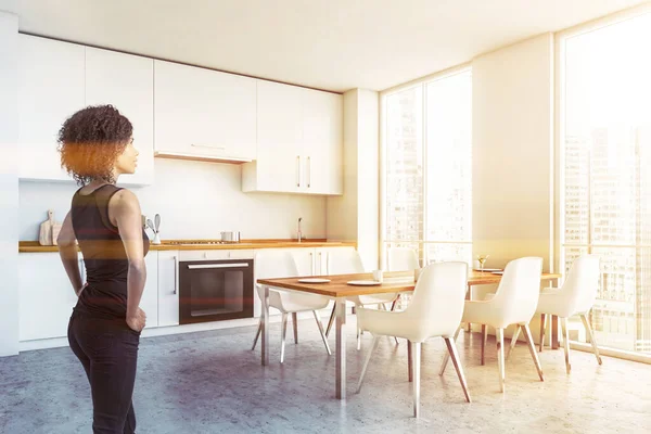 Young African American Woman Standing Modern Kitchen White Walls Concrete — Fotografia de Stock