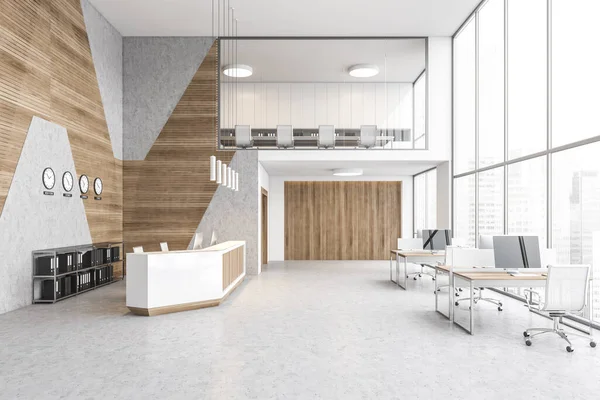 Reception hall with desk and tables with computers near big window, business centre with skyscrapers. Two floors in lobby room, wooden walls and marble floor 3D rendering, no people
