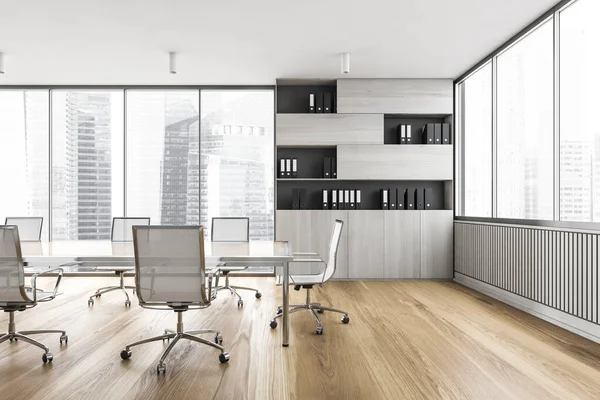 Office Meeting Room Business Centre Wooden White Bookshelf Black Folders — Stock Photo, Image