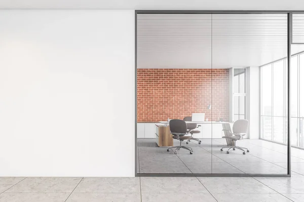 Mockup canvas in office near private client room with table and laptop, leather chairs and large window. Brick wall in separate office room with modern furniture 3D rendering, no people
