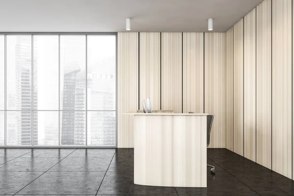 Wooden office reception hall with two laptops and table side view, near window with city view on skyscrapers. Black tile floor and large windows in business centre office, no people 3D rendering