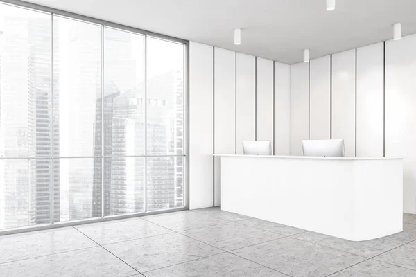 White office reception hall with two laptops and table near window with city view on skyscrapers. Grey tile floor and large windows in business centre office, no people 3D rendering