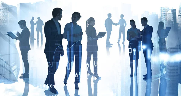 Silhouettes Young Business People Blurry City Double Exposure Chart Toned — Stock Photo, Image