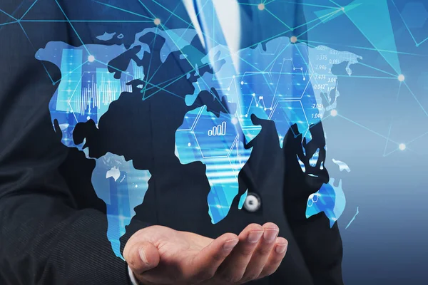 Hand Businessman Showing World Map Blue Background Double Exposure Network Stock Image