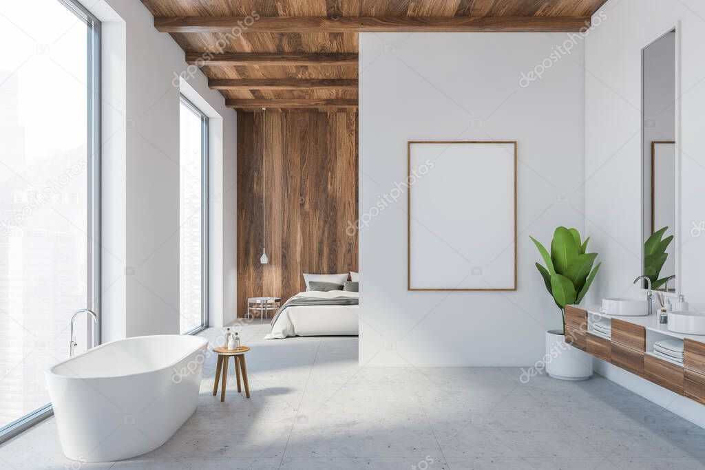 Mockup blank canvas in white living room with luxury bathtub and two sinks, bed against wooden wall. Open space studio apartment with big windows, apartment studio 3D rendering, no people