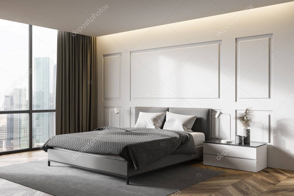 Corner of modern master bedroom with white walls, wooden floor and comfortable king size bed. 3d rendering