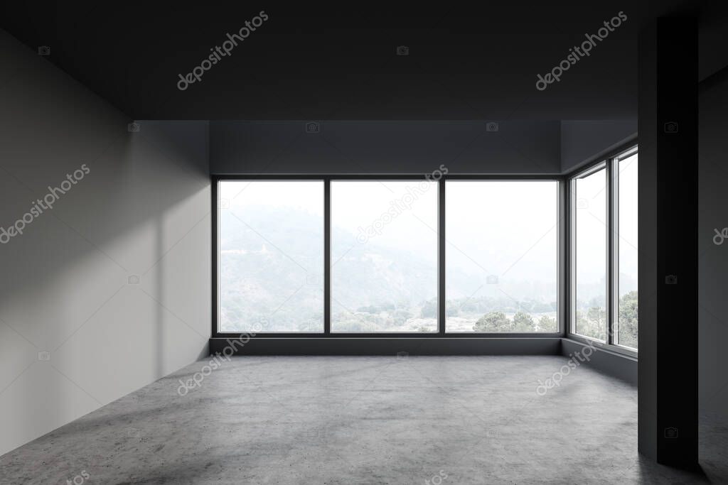 Interior of empty room with gray walls, concrete floor and panoramic window. Column in the corner. 3d rendering