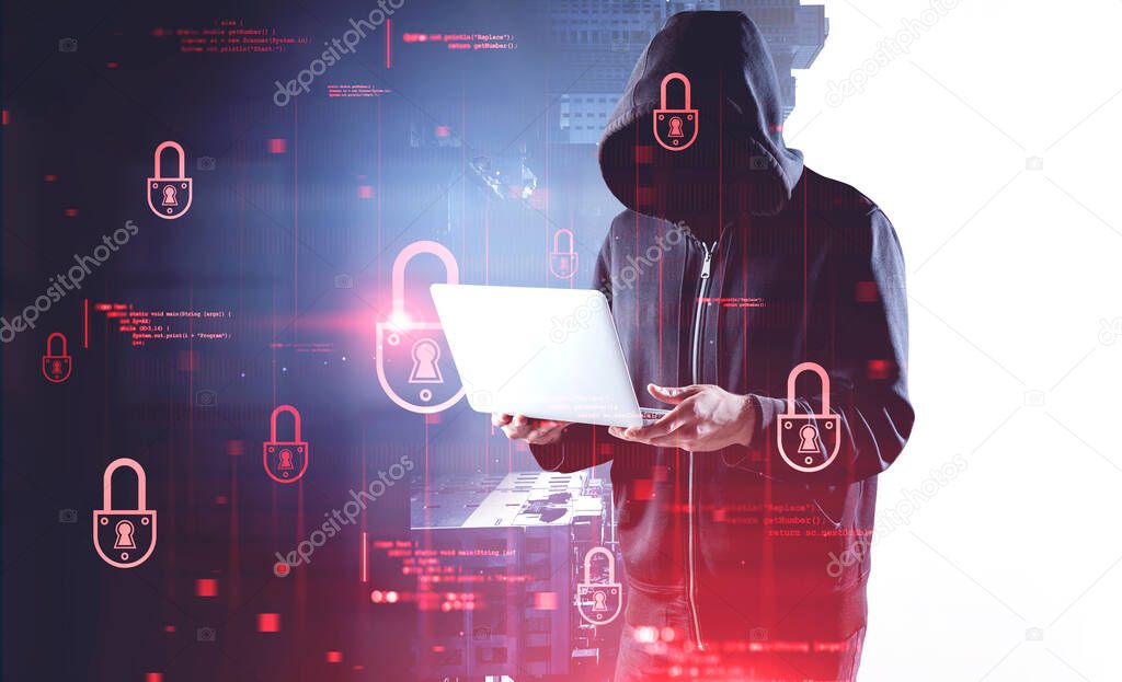 Unrecognizable hacker using laptop over blurry background with futuristic cyber security interface. Toned image