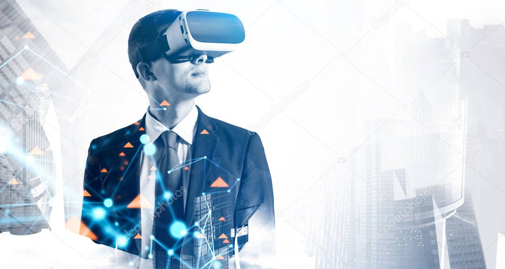 Young businessman in VR glasses standing in blurry city with double exposure of immersive network interface. Toned image