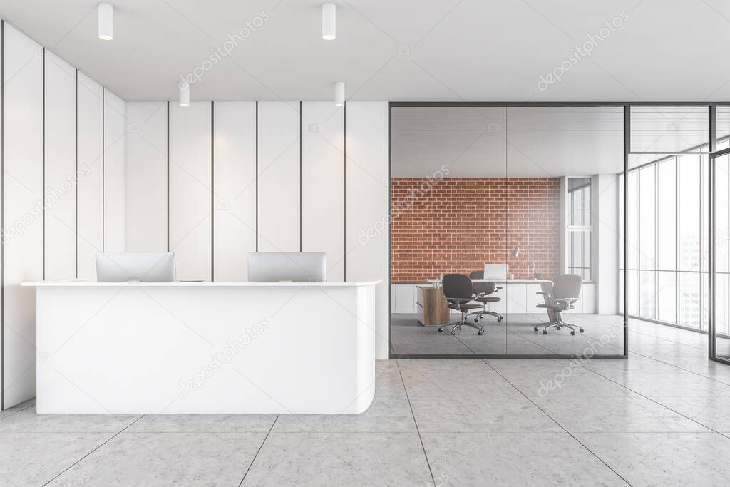 White office reception with two laptops and separate conference room with chairs for client service. White business lobby room in business office with modern furniture 3D rendering, no people