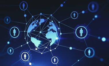 Koyu mavi arka plan üzerinde HR arayüzü ve gezegen hologramı. İstihdam kavramı. 3D görüntüleme. Bu görüntünün elementleri NASA tarafından desteklenmektedir