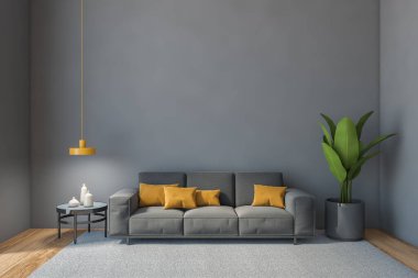 Gri salondaki fotokopi alanı, gri kanepe ve bitkilerle dolu beyaz duvar. Yastıklı minimalist salonu ve gri duvarlı tabakları olan masası olan, 3D çizim yapmayan insanlar.