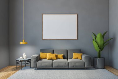 Gri salondaki boş tuval, gri kanepe ve bitkilerle kaplı beyaz duvar. Minimalist gri salonlu kanepe yastıklı masa ve gri duvarlı tabaklar, 3D çizim yapan insan yok.