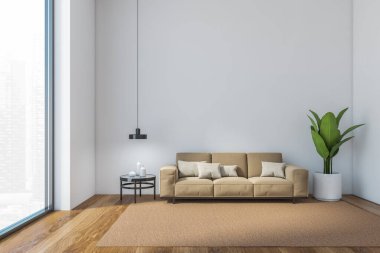 Beyaz salondaki fotokopi odası. Kahverengi kanepesi beyaz duvarlı ve bitkisel. Yastıklı minimalist salonu ve beyaz duvarlı tabakları olan masası olan, 3D çizim yapmayan insanlar.