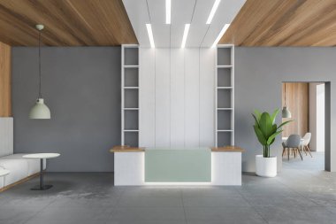 Ofisi açık olan beyaz resepsiyon masası, ahşap tavan ve gri duvarlar. Müşteriler için minimalist tasarım odası ve arka planda toplantı odası, 3D kimseyi göstermiyor