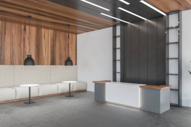 Ofisteki açık uzay salonundaki karanlık resepsiyon masası manzarası, ahşap tavan ve beyaz duvar. Giriş salonunun minimalist tasarımı, beyaz kanepeler ve masalar, 3 boyutlu, kimseyi göstermiyor.