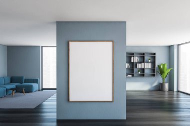 Mavi ve ahşap salondaki çerçeve, büyük pencerenin yanındaki mavi kanepe ve bitkilerle dolu gri kitaplık. Modern daire 3D 'de büyük açık uzay salonu, insan yok.