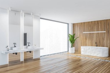 Beyaz küvetli ahşap banyo ve aynalı iki lavabo, yan görüş, bir bitki ve büyük pencere. Beyaz ahşap banyo, modern lüks daire 3D, insan yok.