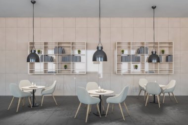 Gri kafenin içi, beyaz sandalyeler ve arka plandaki raflar, lambalı fayans duvarlar. Kafe ve kitapların tasviri, yemek odası 3D görüntüleme, insan yok.