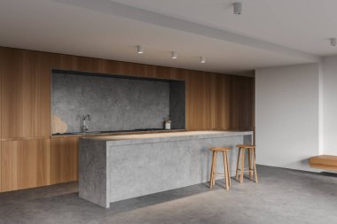 Beyaz ve ahşap duvarları, beton zemini ve tabureli barı olan şık bir mutfak köşesi. 3d oluşturma