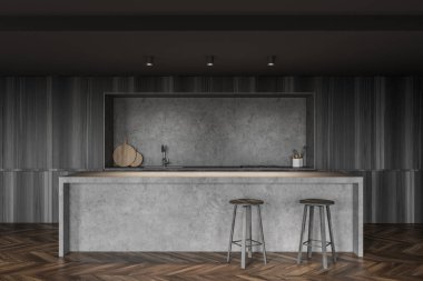 Gri ve ahşap duvarlı modern mutfak, ahşap zemin ve tabureli bar. 3d oluşturma
