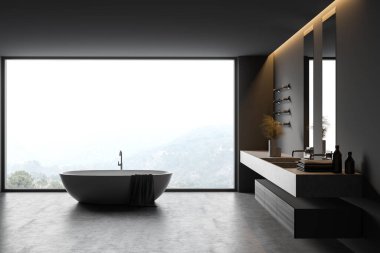 Gri duvarları, beton zemini, rahat küveti ve çift lavabosu olan şık bir banyo. 3d oluşturma