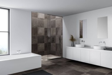 Modern banyonun köşesinde beyaz ve fayanslı duvarlar, fayanslı zemin, çift lavabolu aynalar, küvet ve duş kabini. 3d oluşturma