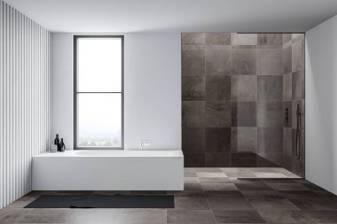 Modern banyo, beyaz ve fayanslı duvarlar, fayanslı döşeme, rahat küvet ve duş kabini. 3d oluşturma