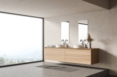 Beton duvarları ve zemini olan modern banyonun köşesi, panoramik pencere ve ahşap dolapta aynalar olan çift lavabo. 3d oluşturma