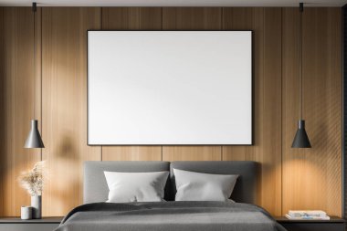 Beyaz ve ahşap duvarları, ahşap zemini ve rahat kral yatağı olan modern yatak odasının içi. Yatay maket posteri. 3d oluşturma