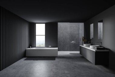 Gri duvarları, beton zemini, aynalı çift lavabosu, küveti ve duş kabini olan şık bir banyo. 3d oluşturma