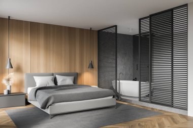 Beyaz ve ahşap duvarları, tahta zemini ve rahat kral yatağı olan modern ana yatak odasının köşesi. Banyo hemen yanında. 3d oluşturma