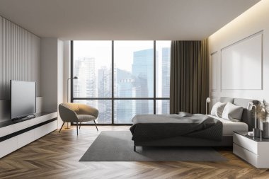 Beyaz duvarları, ahşap zemini, rahat kral yatağı ve koltuğu olan modern yatak odasının içi. 3d oluşturma