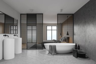 Modern banyo manzarası ahşap ve beyaz duvarlar, beton zemin, çift lavabo ve rahat küvet. 3d oluşturma