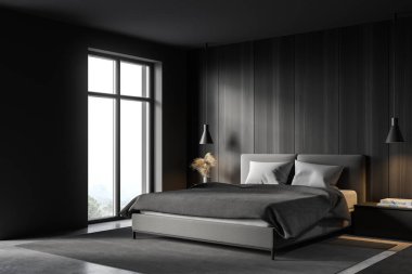 Gri ve ahşap duvarları, beton zemini ve rahat kral yatağı olan şık yatak odasının köşesi. 3d oluşturma