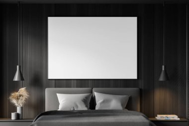 Gri ve ahşap duvarları, beton zemini ve rahat kral yatağı olan şık bir yatak odası. Yatay maket posteri. 3d oluşturma