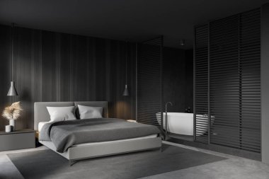 Gri ve ahşap duvarları, beton zemini ve rahat kral yatağı olan şık yatak odasının köşesi. Banyo hemen yanında. 3d oluşturma