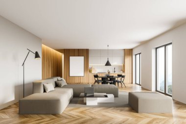 Beyaz ve ahşap duvarları, ahşap zemini, beyaz dolapları, yemek masası, kanepesi ve sahte posteri olan şık bir mutfak. 3d oluşturma