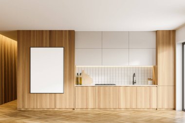 Beyaz ve ahşap duvarları, ahşap zemini, ahşap dolapları ve dikey maket posterleri olan şık bir mutfak. 3d oluşturma