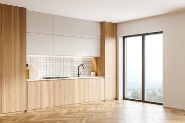 Beyaz ve ahşap duvarları, ahşap zemini ve ahşap dolapları olan şık bir mutfağın köşesi. 3d oluşturma