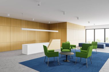 Modern ofis bekleme odasının köşesinde beyaz ve ahşap duvarlar, beton zemin, resepsiyon masası ve yeşil koltuklar. 3d oluşturma