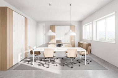 Beyaz duvarları, beton zemini, uzun konferans masası ve bej sandalyeli modern toplantı odasının içi. 3d oluşturma