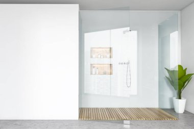 Beyaz banyodaki duşta fotokopi alanı var. Açık uzay banyosu, gri zemin. Minimalist lüks banyo, 3D, insan yok.