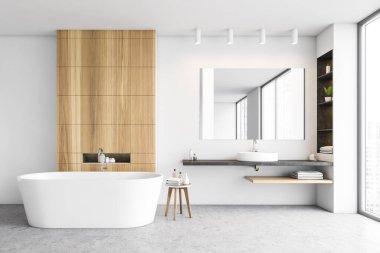 Küvetli beyaz banyo ve büyük pencereli lavabolu ayna. Minimalist modern banyonun açık alanda beyaz ve ahşap dizaynı, 3 boyutlu, kimseyi göstermiyor.