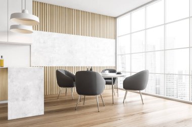 Yemek odasındaki masanın etrafında dört gri sandalye, yan manzara, şehir manzaralı büyük bir pencerenin yanında. Yeni, modern ahşap mutfak tasarımı, ahşap zemin, parke. 3D görüntüleme, insan yok 