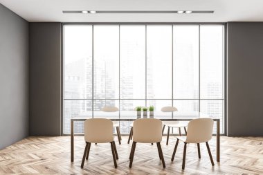 Büyük pencereli kahverengi yemek odası, şehir manzaralı iş gökdelenleri. 3D dairede modern bej mobilyaların minimal tasarımı, insan yok.